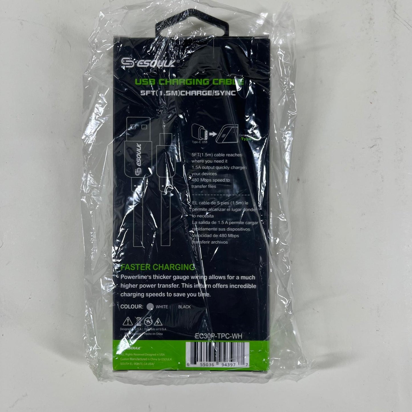 New Esoulk USB Charging Cable 5ft USB Charge/Sync Cable EC30P-TPC-WH