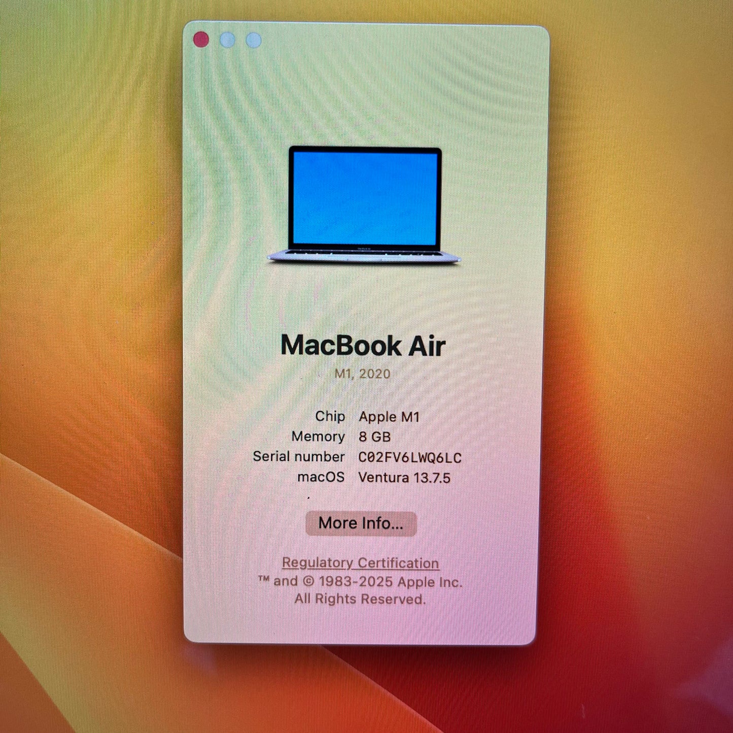 2020 Apple MacBook Air 13.3" M1 7C GPU 3.2GHz 8GB RAM 250GB SSD MGND3LL/A