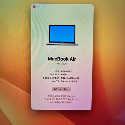 2020 Apple MacBook Air 13.3" M1 7C GPU 3.2GHz 8GB RAM 250GB SSD MGND3LL/A
